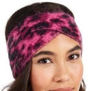DKNY Fuzzy Animal Print Knit Twist Headband Pink